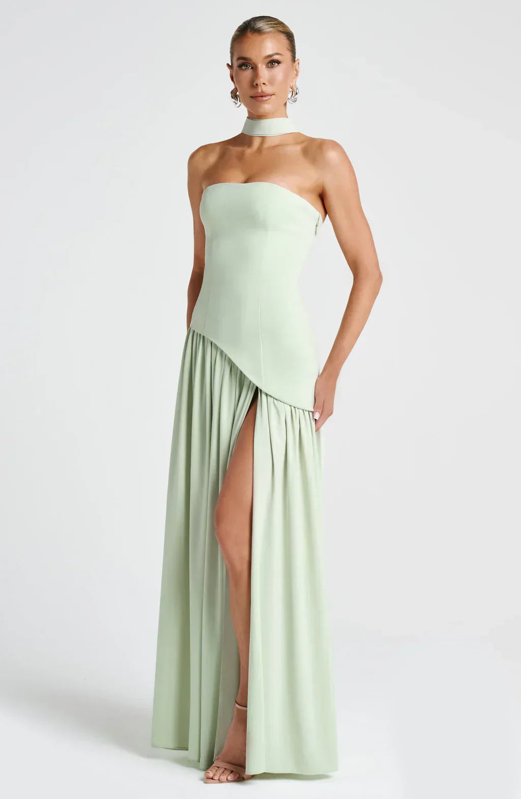 Amélie Robe Longue Femme – Robe Bustier Élégante avec Fente Haute & Foulard Assorti
