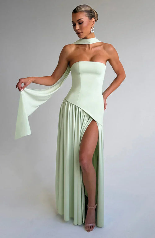 Amélie Robe Longue Femme – Robe Bustier Élégante avec Fente Haute & Foulard Assorti