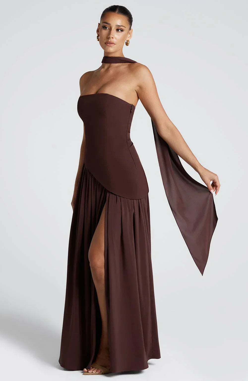 Amélie Robe Longue Femme – Robe Bustier Élégante avec Fente Haute & Foulard Assorti