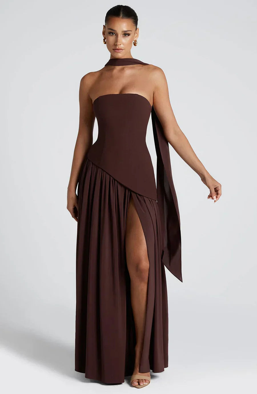 Amélie Robe Longue Femme – Robe Bustier Élégante avec Fente Haute & Foulard Assorti