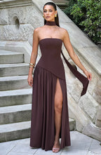 Amélie Robe Longue Femme – Robe Bustier Élégante avec Fente Haute & Foulard Assorti