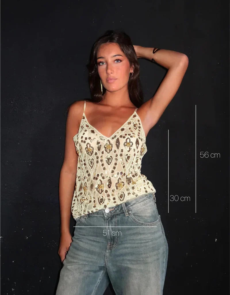 Isla Haut Femme – Top Orné à Sequins avec Décolleté en V et Coupe Sans Manches