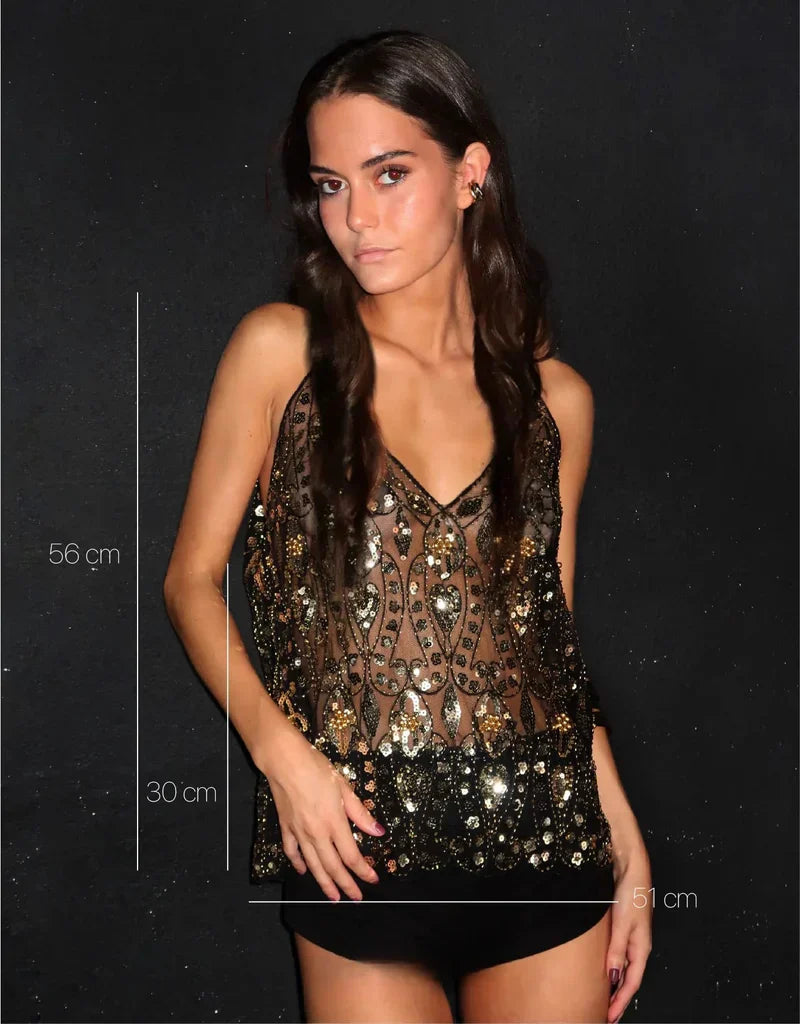 Isla Haut Femme – Top Orné à Sequins avec Décolleté en V et Coupe Sans Manches