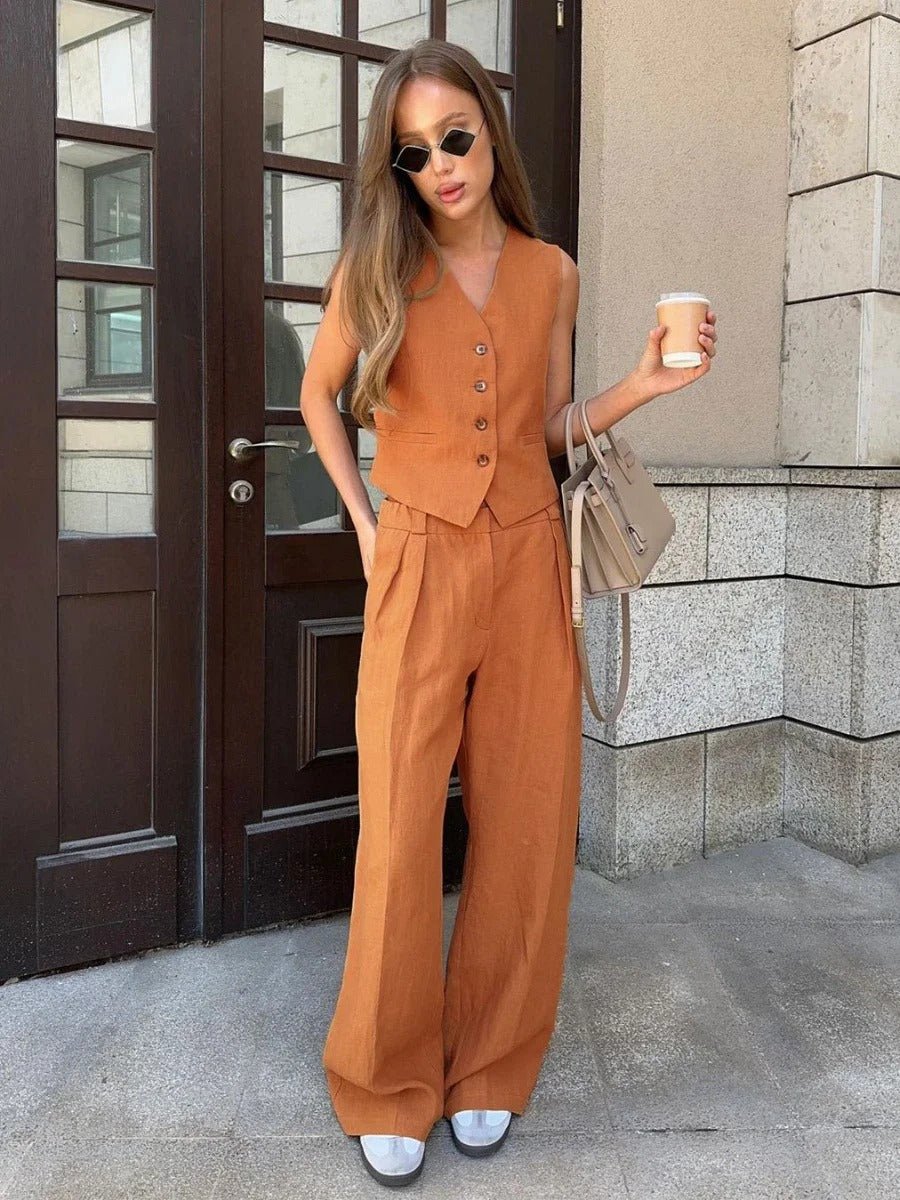 Luna Ensemble Femme – Coordonné en Lin avec Gilet Sans Manches et Pantalon Large