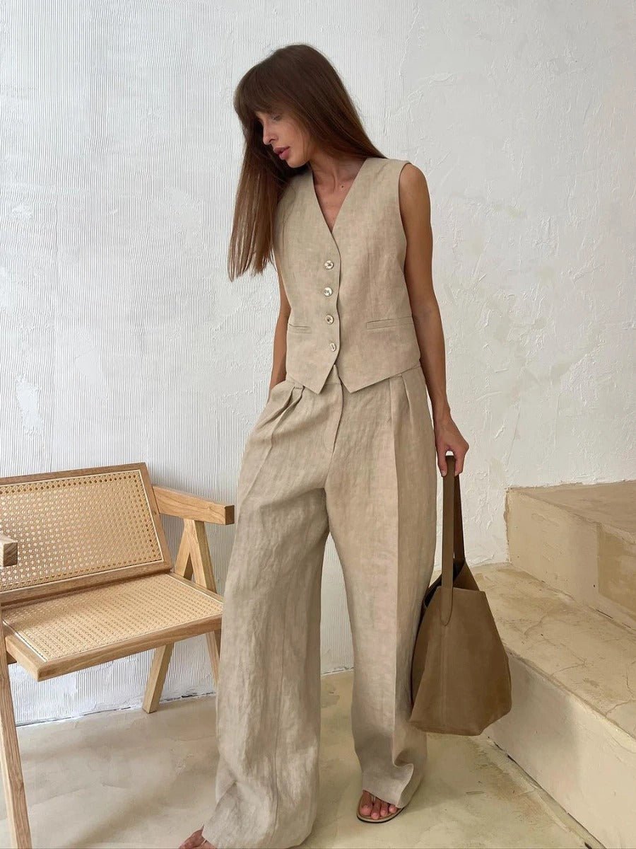 Luna Ensemble Femme – Coordonné en Lin avec Gilet Sans Manches et Pantalon Large
