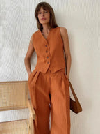 Luna Ensemble Femme – Coordonné en Lin avec Gilet Sans Manches et Pantalon Large