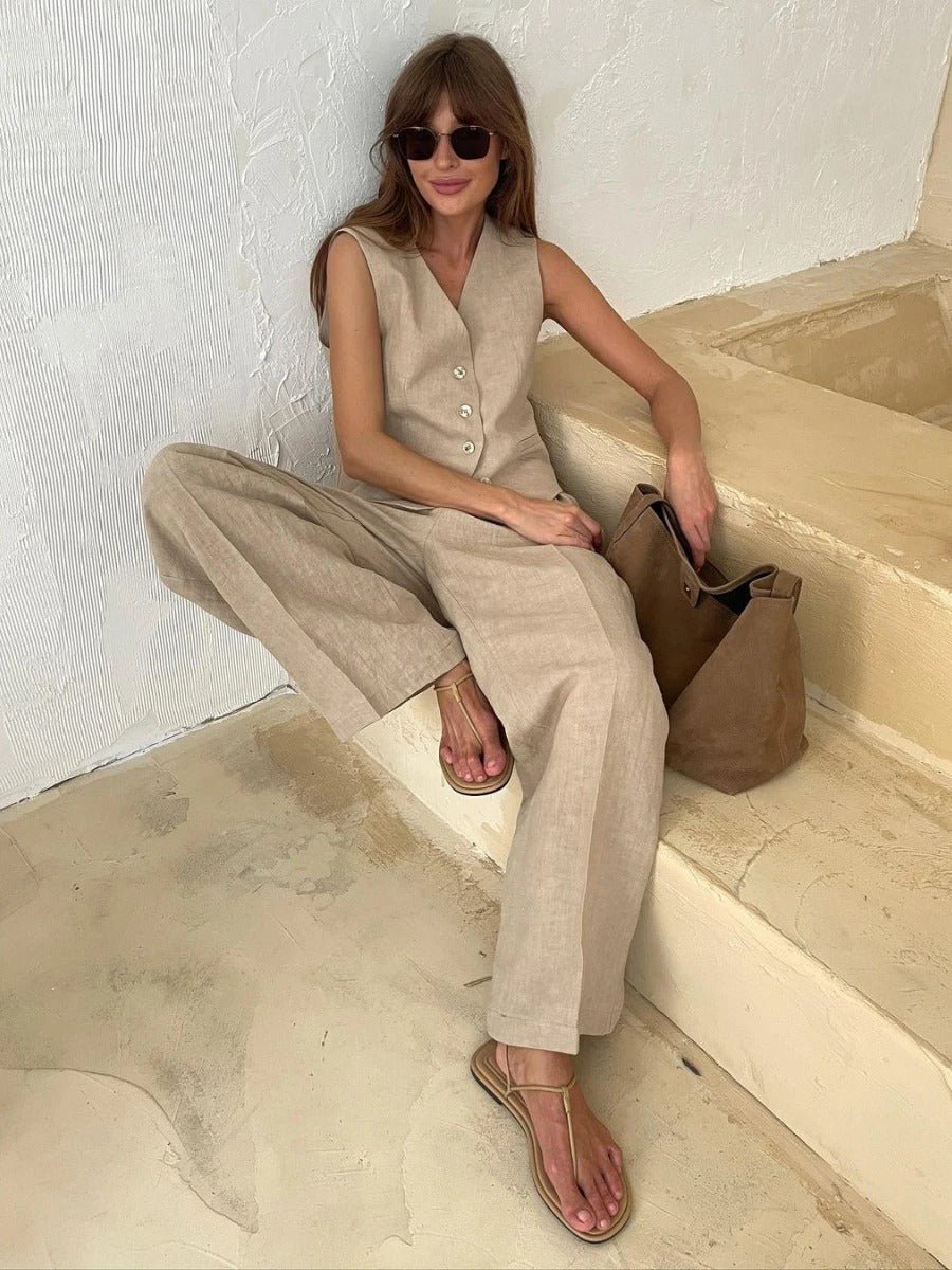Luna Ensemble Femme – Coordonné en Lin avec Gilet Sans Manches et Pantalon Large