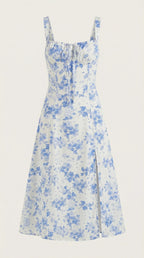 Vestido midi Brielle para mujer con flores, abertura y escote corazón, elegante chic