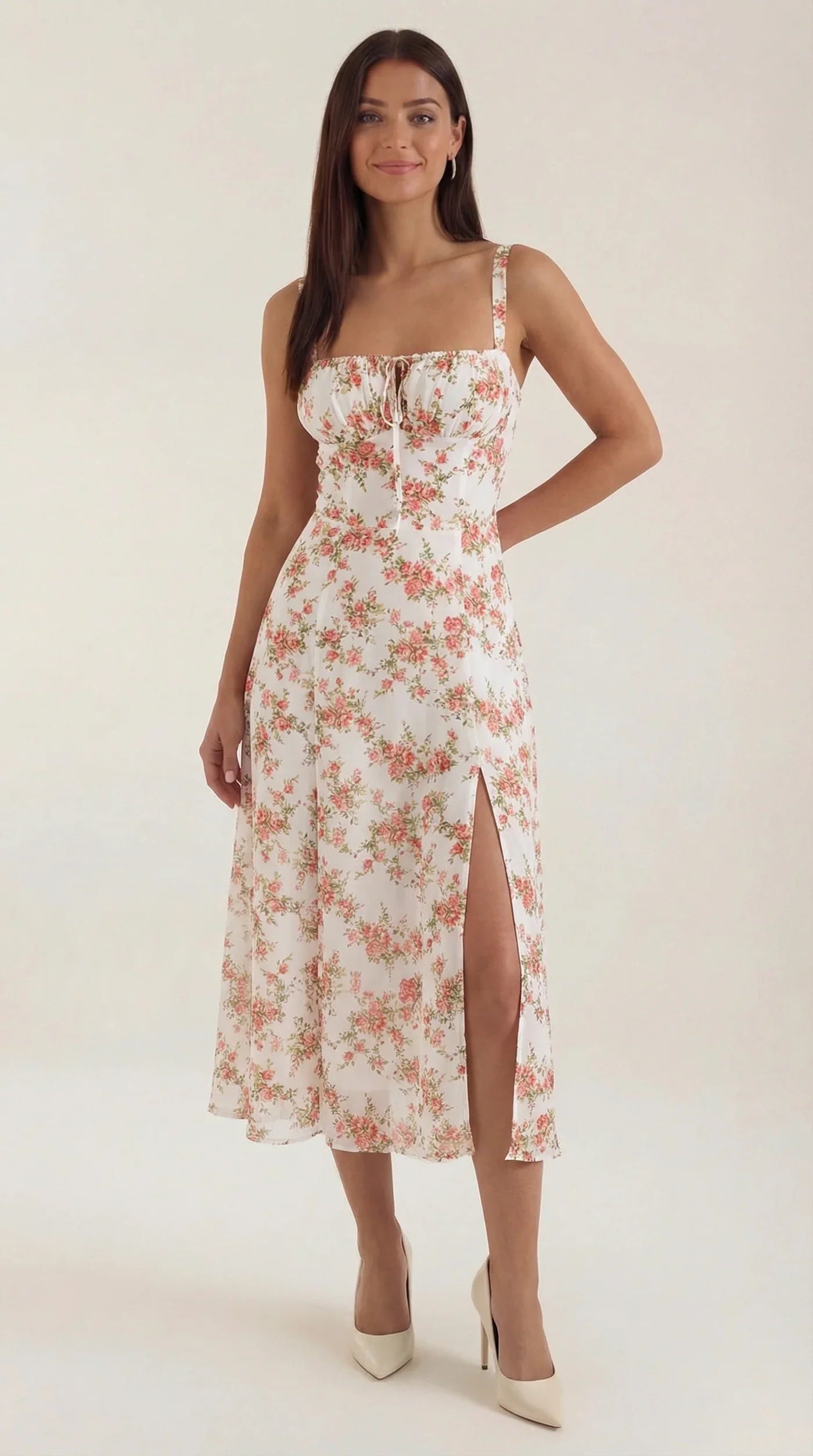 Brielle Robe Midi Fleurie Femme à Fente et Encolure Cœur Élégante Chic