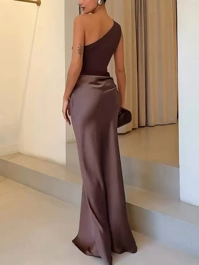 Claudine Robe Maxi Femme Asymétrique à Une Épaule Drapée Élégante
