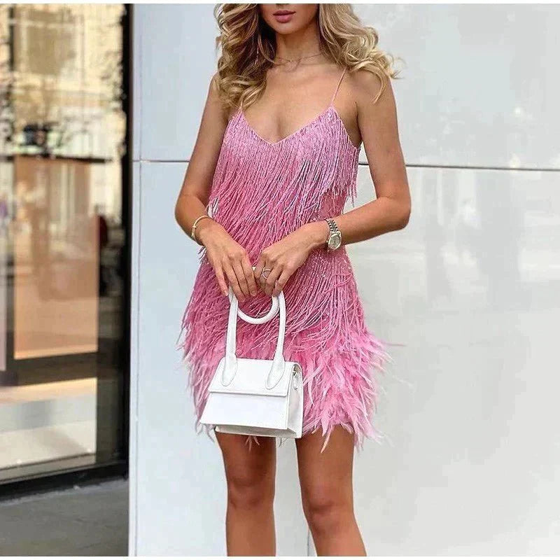 Avery Robe Cocktail Femme – Robe Courte à Franges Brillantes pour Soirées Élégantes