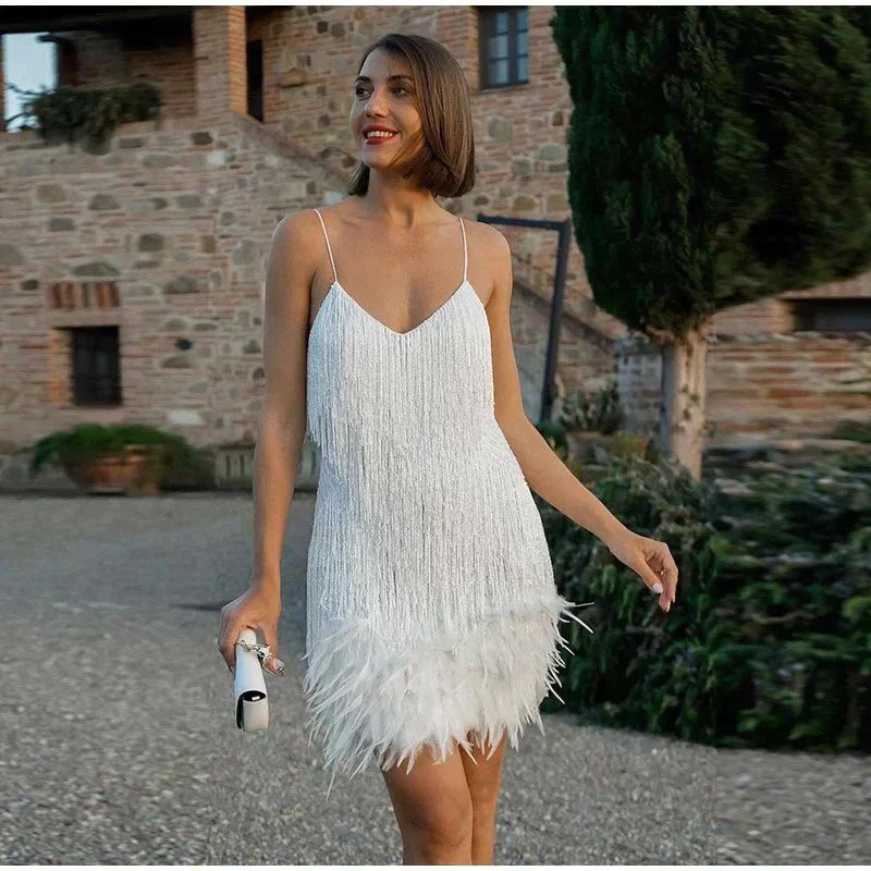 Avery Robe Cocktail Femme – Robe Courte à Franges Brillantes pour Soirées Élégantes