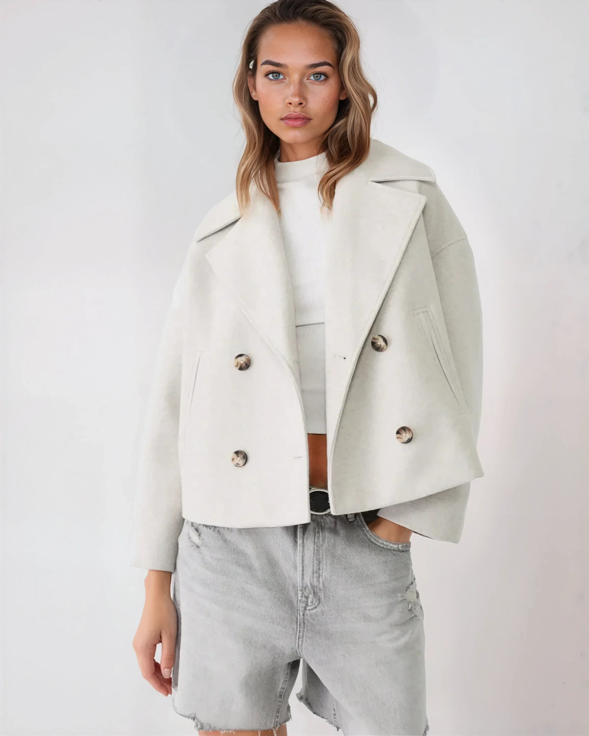 Clémence Veste Femme – Coupe Courte Croisée, Revers Larges & Style Élégant