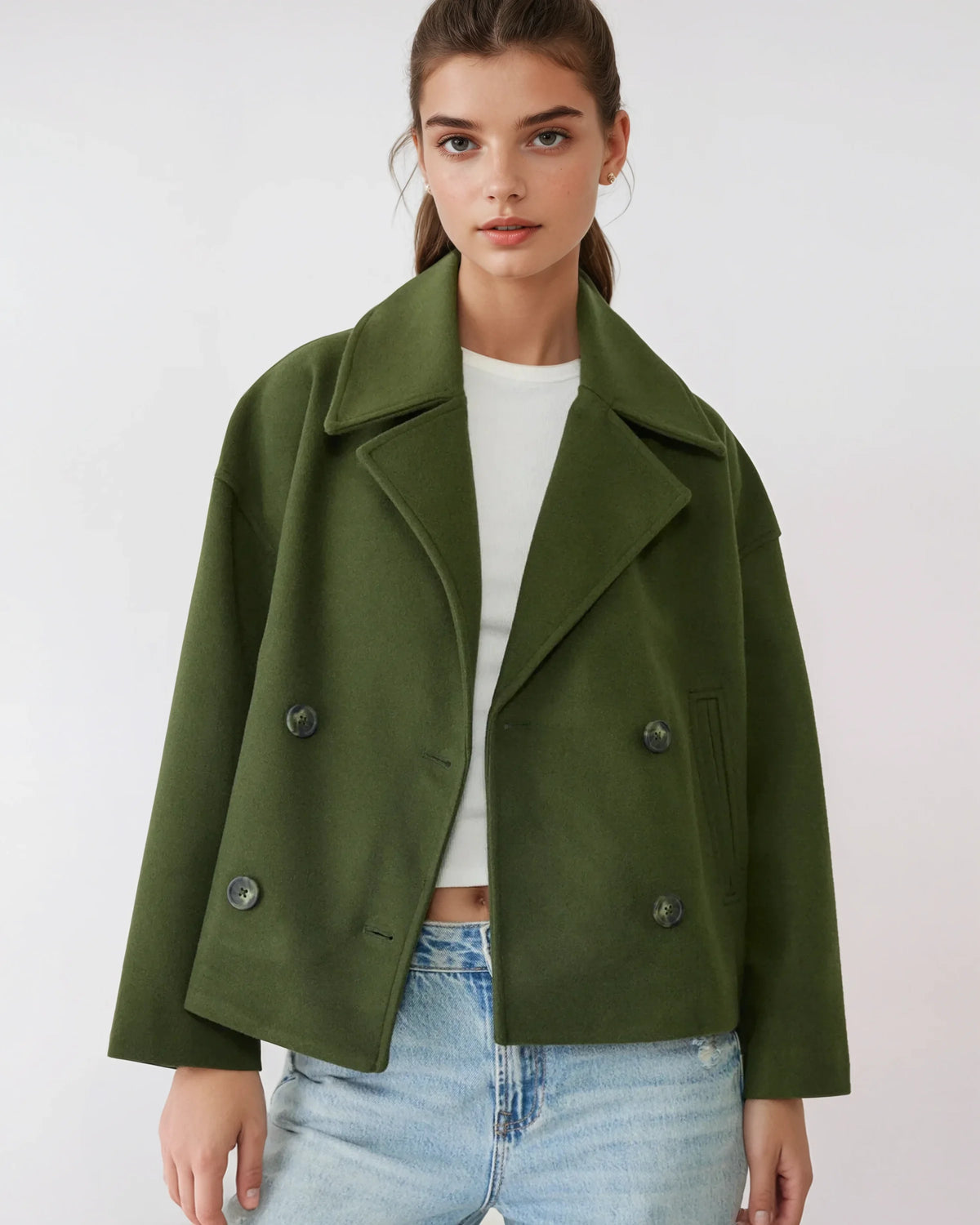 Clémence Veste Femme – Coupe Courte Croisée, Revers Larges & Style Élégant