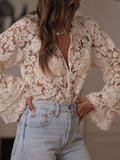 Sévane Women's Beige Lace Blouse with V-Neck and Long Sleeves