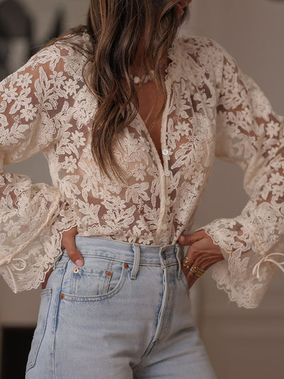 Sévane Blouse Femme en Dentelle Beige à Col V et Manches Longues