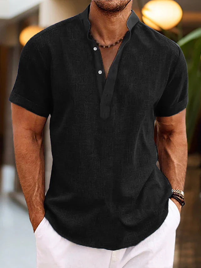 Lorenzo Chemise Homme – Chemise d’Été en Lin avec Col Henley et Manches Courtes