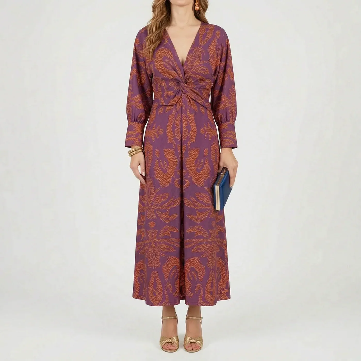 Mallory Robe Midi Femme Imprimé Botanique Col V Élégante pour Cérémonies Chic