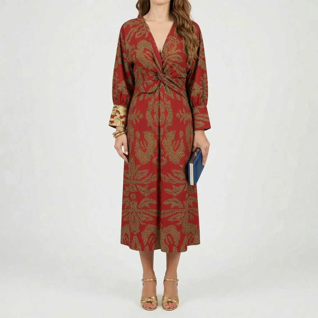 Mallory Robe Midi Femme Imprimé Botanique Col V Élégante pour Cérémonies Chic