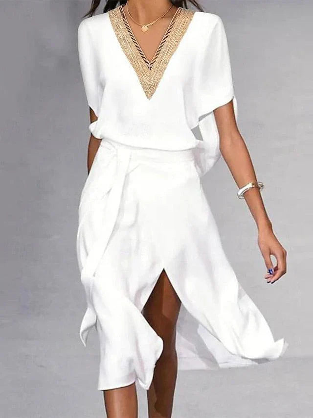 Brooklyn Robe Midi Femme – Robe Élégante à Col V avec Bordure Contrastée & Coupe Fluide