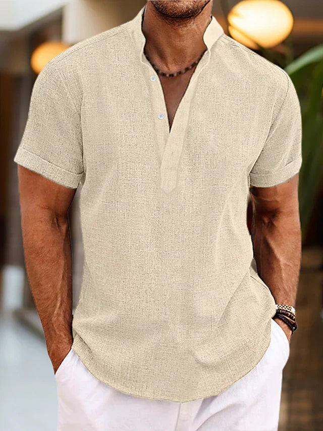 Lorenzo Chemise Homme – Chemise d’Été en Lin avec Col Henley et Manches Courtes