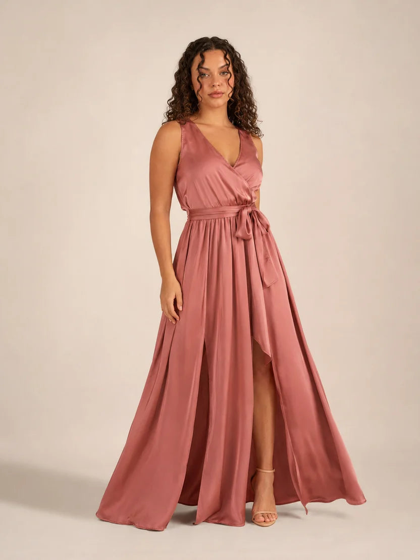Lorena Robe Maxi Portefeuille Femme à Col V avec Ceinture à Nouer Élégante Chic