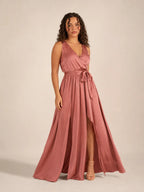 Lorena Robe Maxi Portefeuille Femme à Col V avec Ceinture à Nouer Élégante Chic