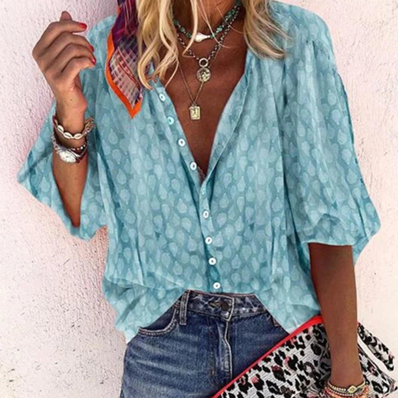 Sydney Blouse Femme – Chemisier Léger à Motif avec Col V et Coupe Fluide Estivale