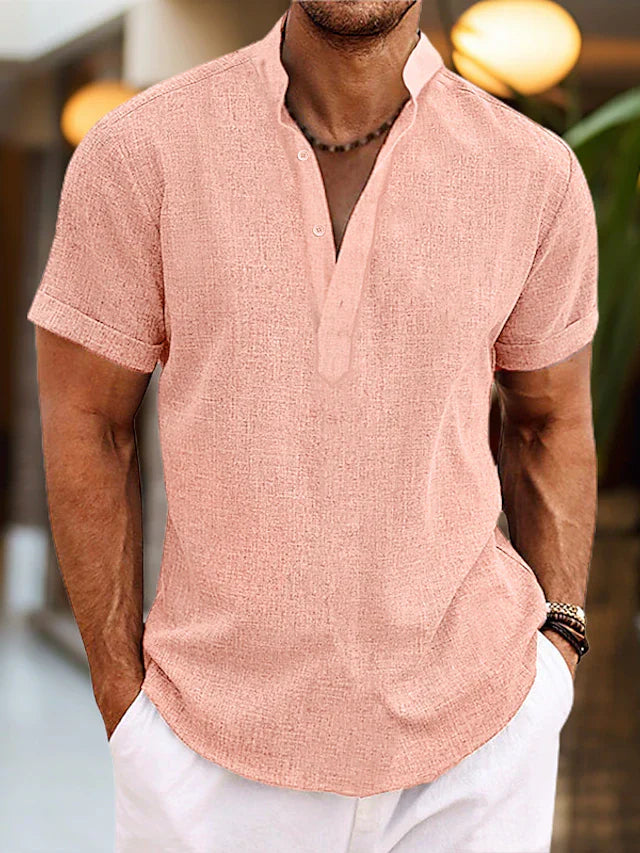 Lorenzo Chemise Homme – Chemise d’Été en Lin avec Col Henley et Manches Courtes