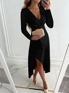 Floriane Robe Femme – Col V Élégant, Manches Longues & Coupe Ajustée Chic
