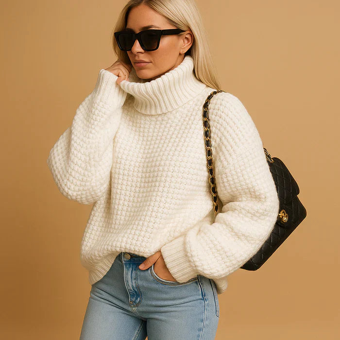 Freja Pull Col Roulé Femme – Maille Épaisse Texturée avec Coupe Décontractée Élégante