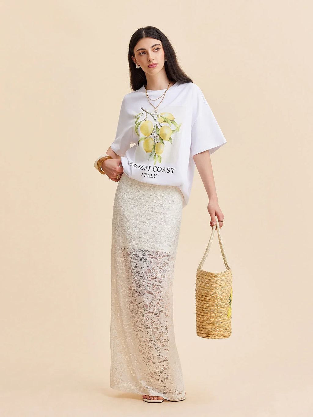 Maëlys Jupe Maxi Beige en Dentelle Semi-Transparente au Style Élégant et Raffiné