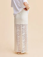 Maëlys Jupe Maxi Beige en Dentelle Semi-Transparente au Style Élégant et Raffiné